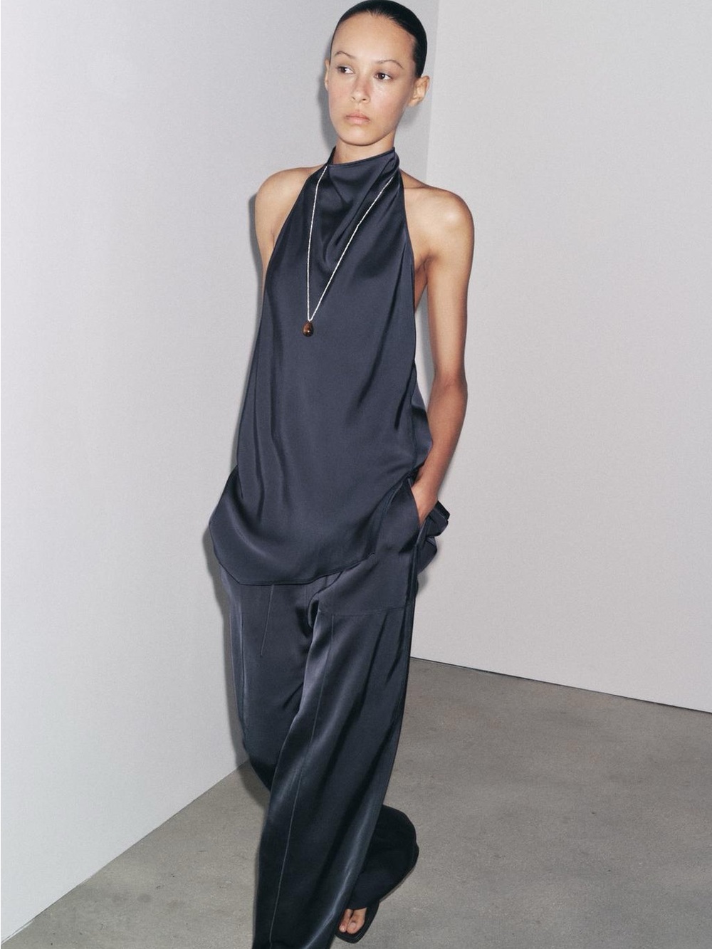 Zara Charcoal Satin Halter Wide-Leg Jumpsuit